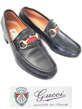 Vintage Gucci  Men’s Black Leather Gold Horsebit Loafers Shoes Green Red 41 M